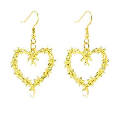Imagem de Catuni Brincos de coração de arame farpado dourado joias pop cantora merch para mulheres, Zinco, Sem pedra preciosa