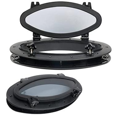 Imagem de Amarine Made Par de vigias ovais elípticas para iate de barco 40,64 cm x 21,5 cm orifício de porta de janela de substituição - ABS, vidro temperado, cor: branco, preto (preto)