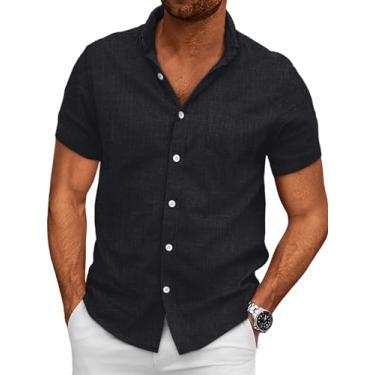 Imagem de EFAN Camisa masculina de linho havaiana de manga curta casual com botões flanela roupas de trabalho, Preto, P