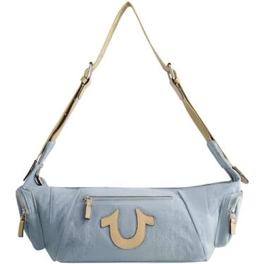 Imagem de True Religion Bolsa de ombro feminina, bolsa Hobo despojada jeans com alça ajustável e logotipo em ferradura, azul claro, Azul claro