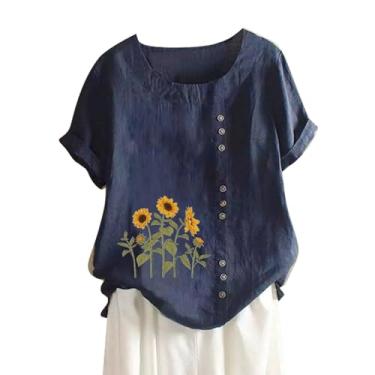 Imagem de Camiseta feminina de algodão e linho, caimento solto, casual, estampa floral, girassol, manga curta, abotoada, colete feminino, Azul marino, 5G