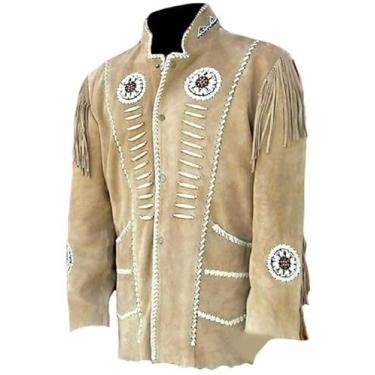 Imagem de Jaqueta masculina de camurça ocidental com franja e emblemas, casaco nativo americano, Dourado, M