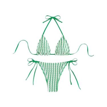 Imagem de Falainetee Conjunto de biquíni feminino, listrado, frente única, cintura alta, triângulo, colorblock, Verde, P