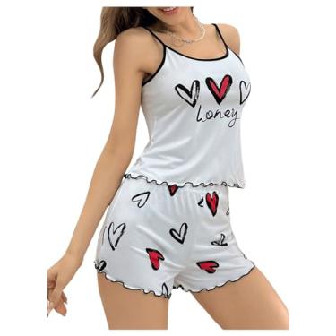 Imagem de SHENHE Conjunto de pijama feminino de 2 peças, sem mangas, camiseta e shorts estampados, pijama de verão, Coração branco, GG