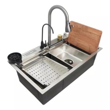 Imagem de Yesop Cuba Inox Cozinha Quadrada Com Válvula 75x45 Gourmet com Estação de Trabalho, e Tábua de Corte, Torneira Retrátil e Conjunto Completo de Acessórios Prateado