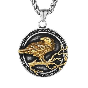 Imagem de Fachoice Colar masculino com pingente de medalhão de corvo de corvo viking, colar de corvo celta, joia gótica de pássaro águia gótica, colar com pingente de ramo de árvore de corvo nórdico, aço