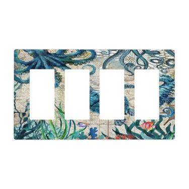 Imagem de Nautical Beach Map Turtle Octopus Seahorse 4 Gang Quad Rocker/GFCI/Decorator Outlet Light Switch Placa de Cobertura Elétrica Placa Decorativa Sem Parafusos