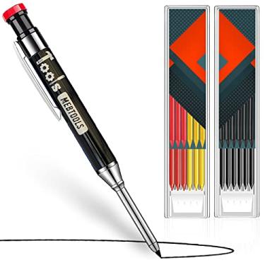 Imagem de MEBTOOLS Lapiseira carpinteiro – Lápis de carpinteiro resistente, lapiseira com 12 refis e apontador embutido – Soldadores e lápis de construção, suporte de chumbo com ponta longa para marcação – Preto