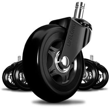 Imagem de Rodas de cadeira de escritório rodas de substituição preta rodas de borracha rodas para pisos e carpete de madeira, conjunto de 5, rodas de cadeira de escritório resistentes para cadeiras para substituir tapetes de cadeira - ajuste universal