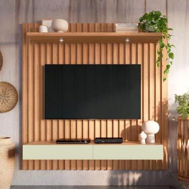 Imagem de Painel Ripado MDF para TV 1,78 x 1,83m com Luzes LED Freijó Madeirado 