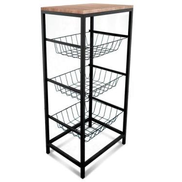 Imagem de Fruteira De Cozinha De Chão Montreal Em Aço E Mdf 3 Cestos Preto e Jad