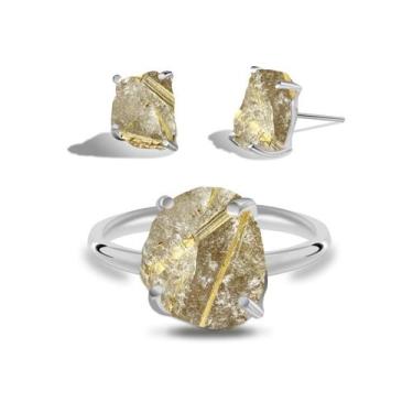 Imagem de Conjunto de Quartzo Rutilo - Cristal Natural, Banho Ouro 18k