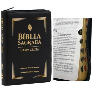 Imagem de Bíblia sagrada com harpa cristã cpad ziper letra grande pjv palavras d