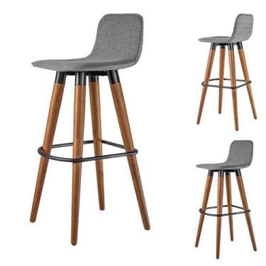 Imagem de Kit 3 Banquetas Alta Línea Estofada c/ Madeira e Linho Cinza - UniDeco