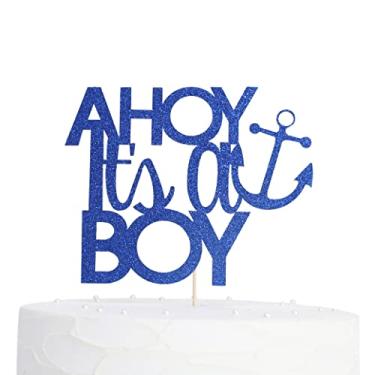 Imagem de Revelação de gênero de bebê para Ahoy It's A BOY Cake Topper - Bule Glitter Cake Topper para festa, decoração para topo de bolo, bandeira de bolo It's A BOY Sign, adereços de cabine de fotos, ideias