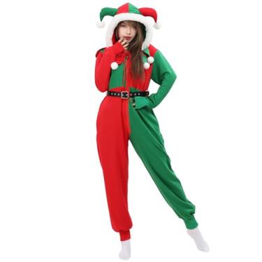 Imagem de haikyuu Fantasia de Natal feminina macacão de Natal com bolsos Papai Noel cosplay pijama de uma peça com capuz, Vermelho, verde, X-Large