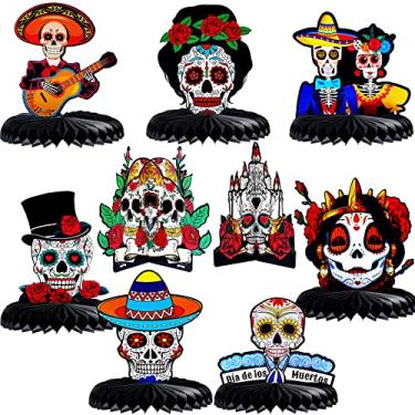 Imagem de 9 peças de centro de mesa de favo de mel Dia dos Mortos, decorações de centro de favo de mel de caveira de açúcar de Halloween, enfeites de mesa de Dia de Los Muertos decorações para lembrancinhas de festa de Halloween