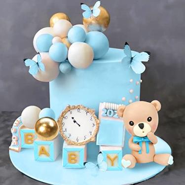 Imagem de Topo de bolo de urso mini decorações de bolo de urso azul letras de bebê topo de bolo ouro azul branco bola de pérola para chá de bebê menino festa de aniversário urso de pelúcia tema suprimentos de