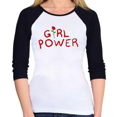 Imagem de Baby Look Raglan Girl Power Manga 3/4 - Foca na Moda, Branco, Preto, P