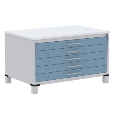 Imagem de Mapoteca 5 Gavetas Pandin 120cm (Larg) Tampo MDP Branco Estrutura Aço Cinza Gaveta Azul Dali