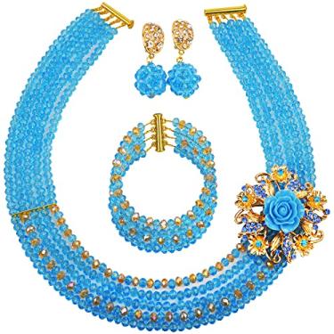 Imagem de Conjunto de joias com miçangas nigerianas aczuv 5 fileiras, colar e brincos de cristal com contas de casamento africanas 18 inches first layer