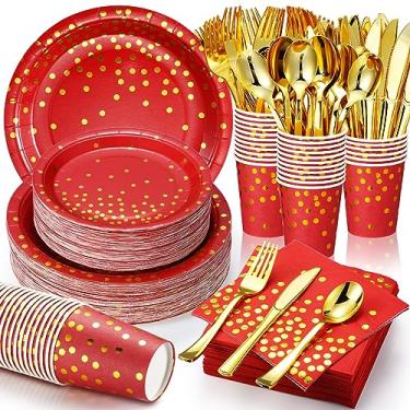 Imagem de Sieral 560 peças de artigos de festa vermelhos e dourados para 80 convidados, kits de louça descartáveis com pratos de papel vermelho, guardanapos, copos, garfos de plástico dourado, facas, colheres