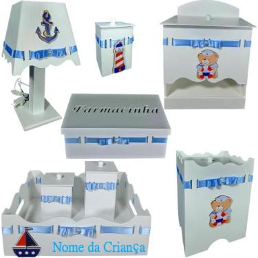 Imagem de Kit de Higiene bebê mdf menino - urso marinheiro branco e azul bb - FL