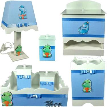 Imagem de Kit Higiene bebê Mdf menino 7 pçs - DINOSSAURO AZUL BB - Flores para M
