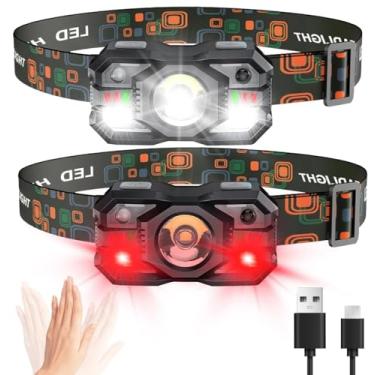 Imagem de Lanterna de cabeça recarregável, 1200 lúmens, pacote com 2, lanterna de cabeça de LED ultra brilhante com luz branca vermelha, sensor de movimento à prova d'água, 5 modos de luzes para acampamento ao