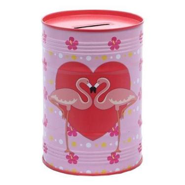 Imagem de Cofrinho P/ Moedas Decorativo Caixa de Dinheiro Metal Cofre Flamingo -
