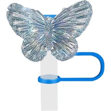 Imagem de Tampas de palha de borboleta para copos, lindas capas de canudo de silicone, acessórios de ponta de tampa de palha reutilizáveis para copo Stanley (azul)
