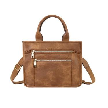 Imagem de WJCD Bolsa feminina elegante de couro vegano, bolsa de mão para mulheres, xadrez, listrada, alça ajustável, durável, leve, Marrom