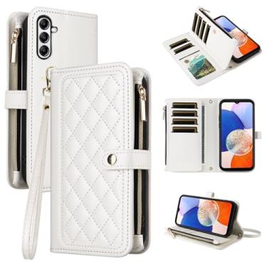 Imagem de Dswteny Capa carteira para Samsung Galaxy A14/M14 5G com alça de pulso flip zíper suporte suporte macio acessórios padrão Argyle capa para celular A 14 4G 14A 14M G5 mulheres meninas branco