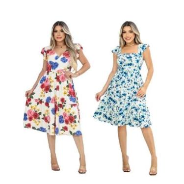 Imagem de Kit 2 Vestido Feminino Midi Manga Curta Evasê Decote Quadrado Babado B