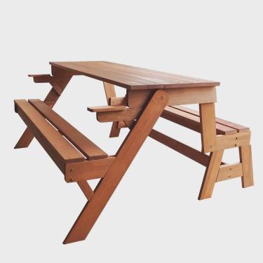 Imagem de Banco que Vira Mesa 1,60 Metros 4 Lugares, em Cera, Madeira Maciça e Eucalipto Marrom