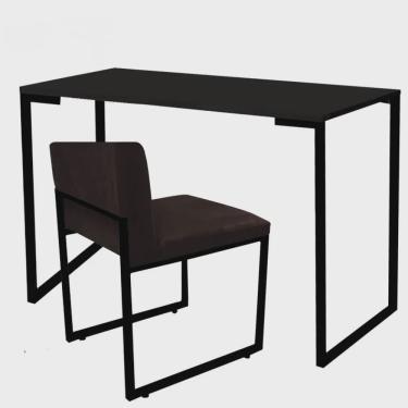 Imagem de Kit Mesa Escrivaninha Stan e Cadeira Lee Industrial Escritório Tampo Preto Preto Corino Marrom - Ahz Móveis