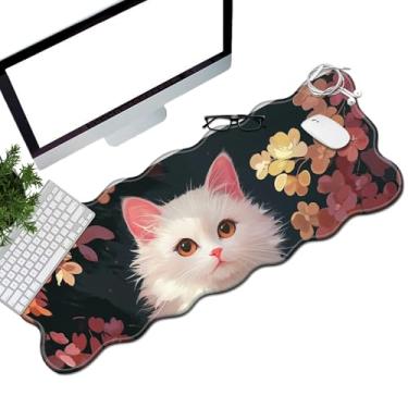 Imagem de BEOTIWAD Tapete de mesa de flor de gato branco tapete de rato 80 cm x 30 cm XL tapete de rato estendido com bordas costuradas almofada de mesa para trabalho, jogo, escritório, casa