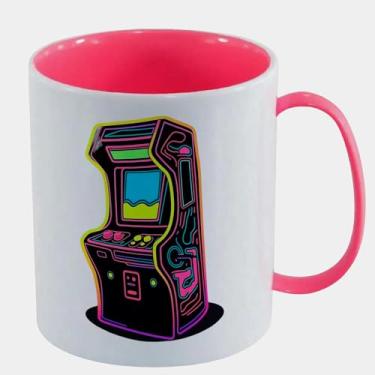 Imagem de Caneca Branca com Interna Pink de Polímero 325ml - FLIPERAMA RETROWAVE NEON