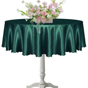 Imagem de KKJIAF 1 pacote com toalha de mesa redonda de 152 cm / 1,5 m, capa de mesa redonda de cetim verde caçador, toalhas de mesa de jantar de cetim sedoso para decoração de banquetes e festas de buffet de