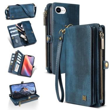 Imagem de QIXIU Capa carteira para iPhone SE4 (comporta batom, fones de ouvido, etc.), capa de telefone 2 em 1 de couro sintético magnético portátil multifuncional com bloqueio RFID, alça de ombro e alça de