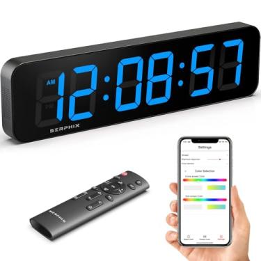 Imagem de SERPHIX Relógio de parede digital de 38.6 cm, temporizador de academia com aplicativo e controle remoto, cores de LED personalizadas, alerta de contagem regressiva de voz, sinos de hora em hora,