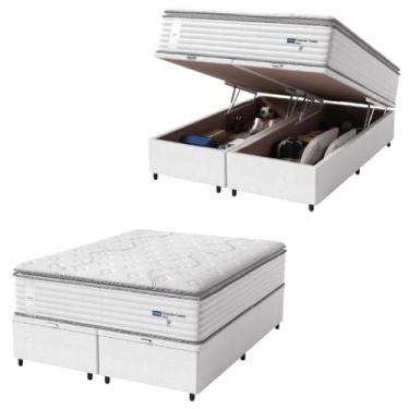 Imagem de Cama Box Baú Casal King Colchão Molas Guarda Costas Max Com Pillow 193x203x81cm Branco/Cinza – Suporta Até 180 Kg Por Pessoa