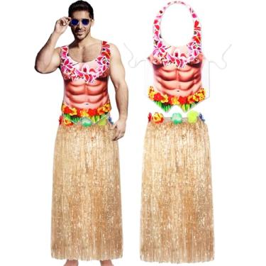 Imagem de Bunnycool 2 peças de avental de biquíni havaiano com saia de grama engraçado luau festa de verão cosplay fantasia para roupa adulta havaiana, Homem, One Size