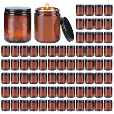 Imagem de 72 frascos de vidro âmbar de 227 g com tampas, frascos redondos de vidro para fazer velas com tampa de alumínio preto, recipientes de armazenamento vazios reutilizáveis para temperos, pomadas
