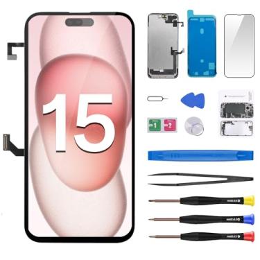 Imagem de CYKJGS Substituição de tela para iPhone 15 com cabo flexível para alto-falante de ouvido 15.5 cm, tela LCD sensível ao toque, digitalizador, montagem completa, reparo de vidro frontal, kit de