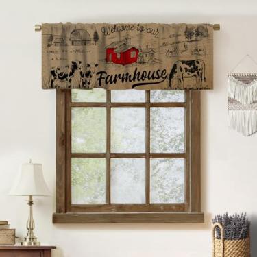 Imagem de Yoakiet Cortina de sanefa de cozinha rústica, retrô, rústica, vaca, celeiro, búfalo, estampa de moinho de vento, tratamento de janela, sanefa, bolso para varão, cortina curta para sala de estar, café