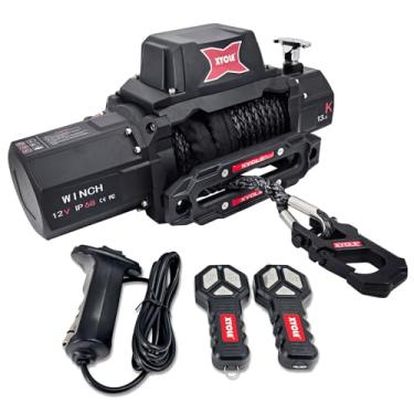 Imagem de XYCLE Guincho elétrico de 6,123 kg 12V IP68 à prova d'água guinchos de resgate de veículos off-road com 2 controles remotos sem fio e corda sintética de 1/5.1 cm adequado para reboques SUVs
