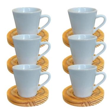 Imagem de Jogo 6 Canecas Porcelana Cafe Chá Com Pires Madeira 120ml - Mundo Da P