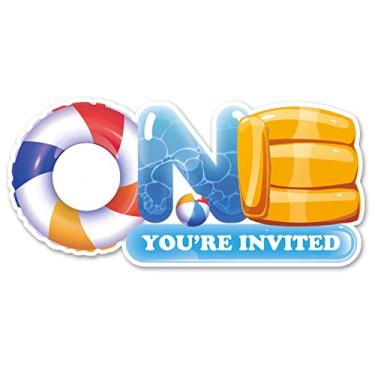 Imagem de Opomzk Convites de primeira festa para piscina com envelopes, 20 conjuntos de convites em formato único para piscina, aniversário de um ano, chá de bebê, convites para festas, lembrancinhas, dupla