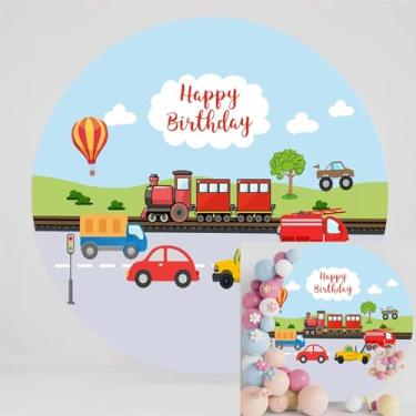 Imagem de Yeele Capa de pano de fundo de aniversário de trem redondo de 2 metros com desenho animado de trem de ferrovia tema de carros fofos para meninos decoração de festa de aniversário faixa de mesa de bolo